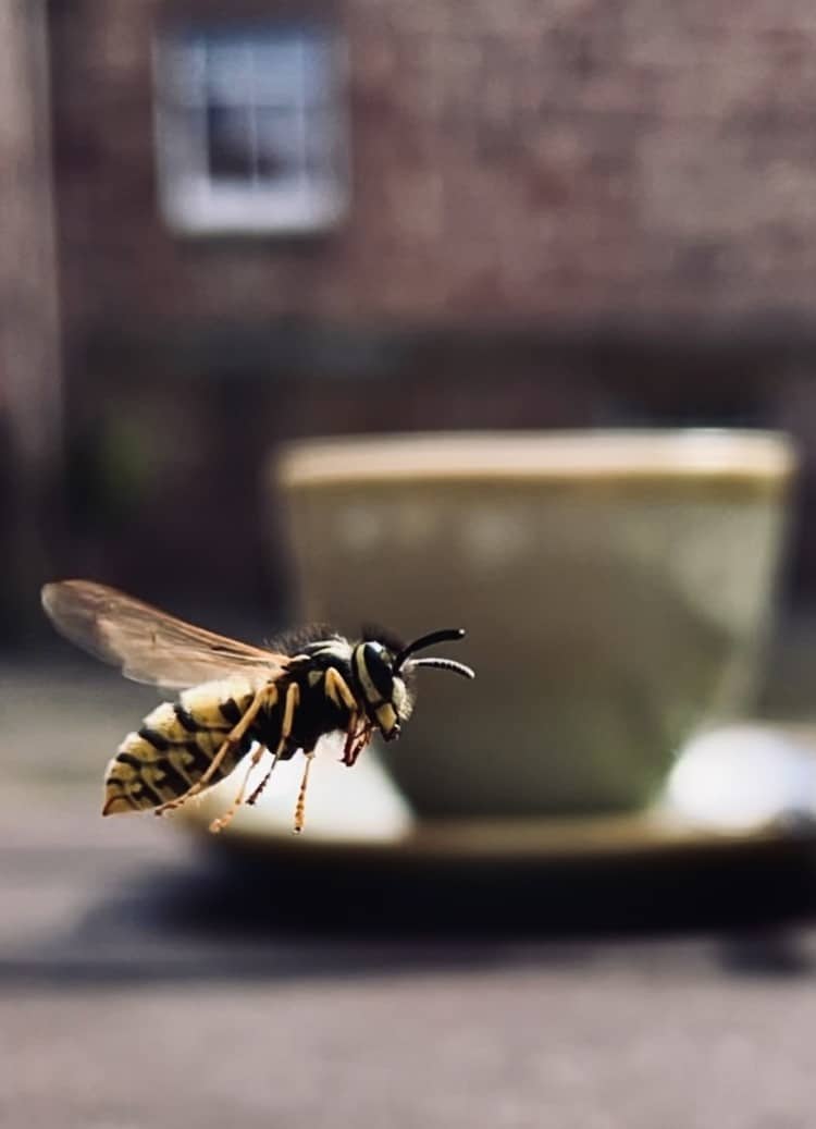 German wasp flying in front of a coffee cup