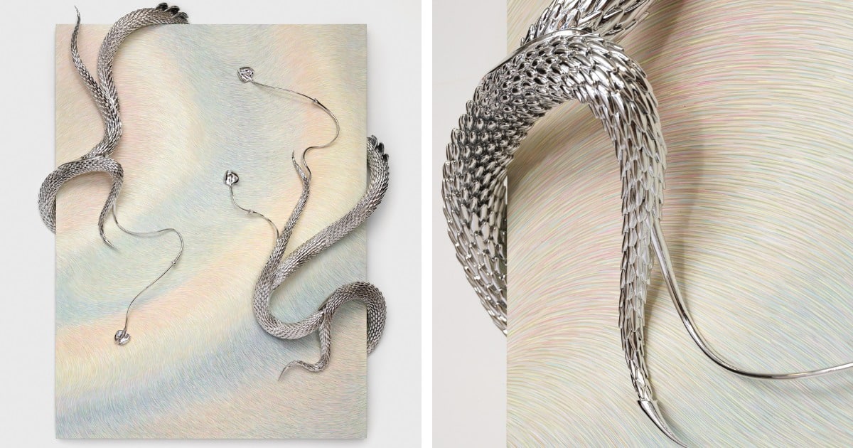 Hybrid Art Featuring Brushstroke Paintings With Biological Sculptures Wrapped Around Them