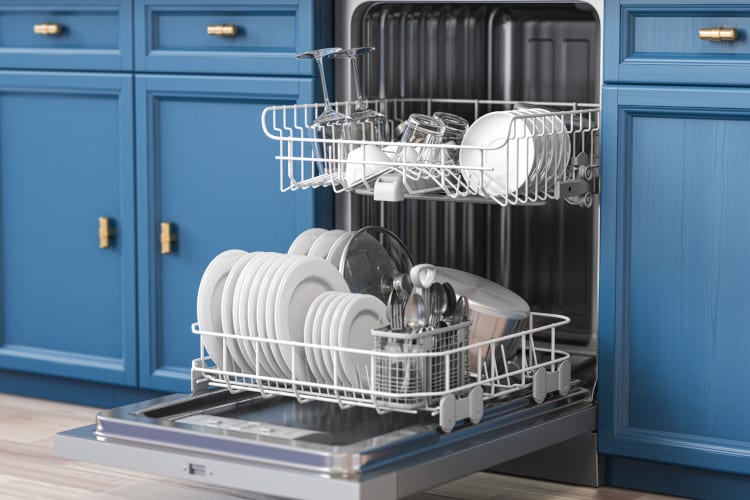 open dishwasher with dishes on the racks