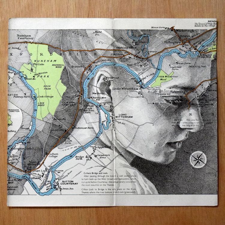 Portrait Of Woman Drawn Over Topographic Map