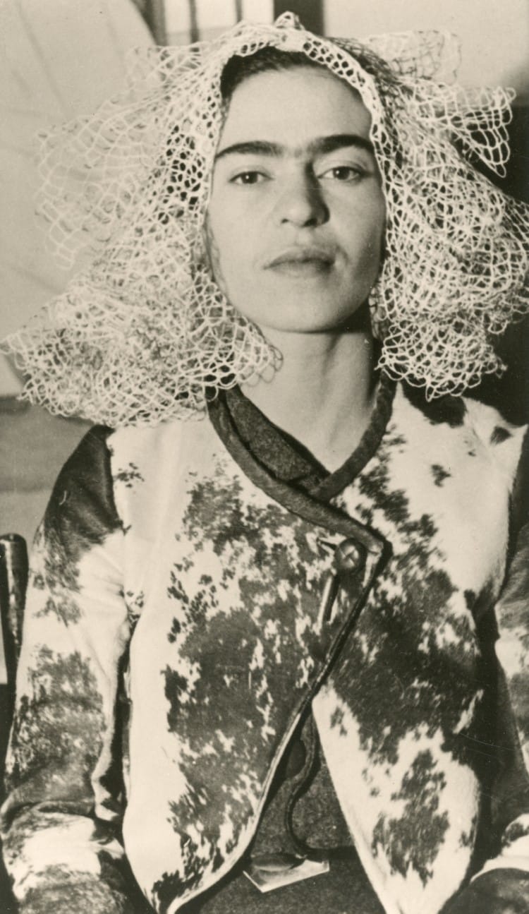 Frida Kahlo with a doily on her head