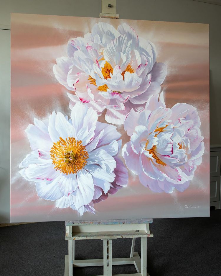 Painting Of Three Pink And White Flowers 