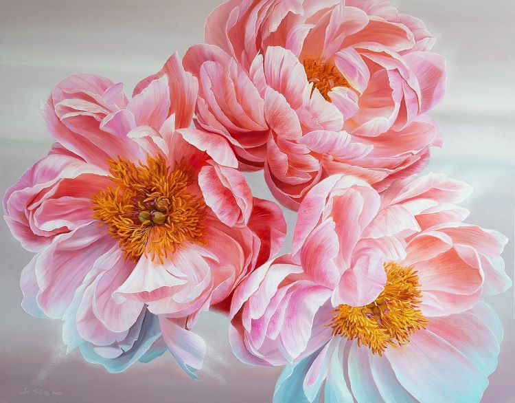 Close Up Painting Of Three Pink Flowers