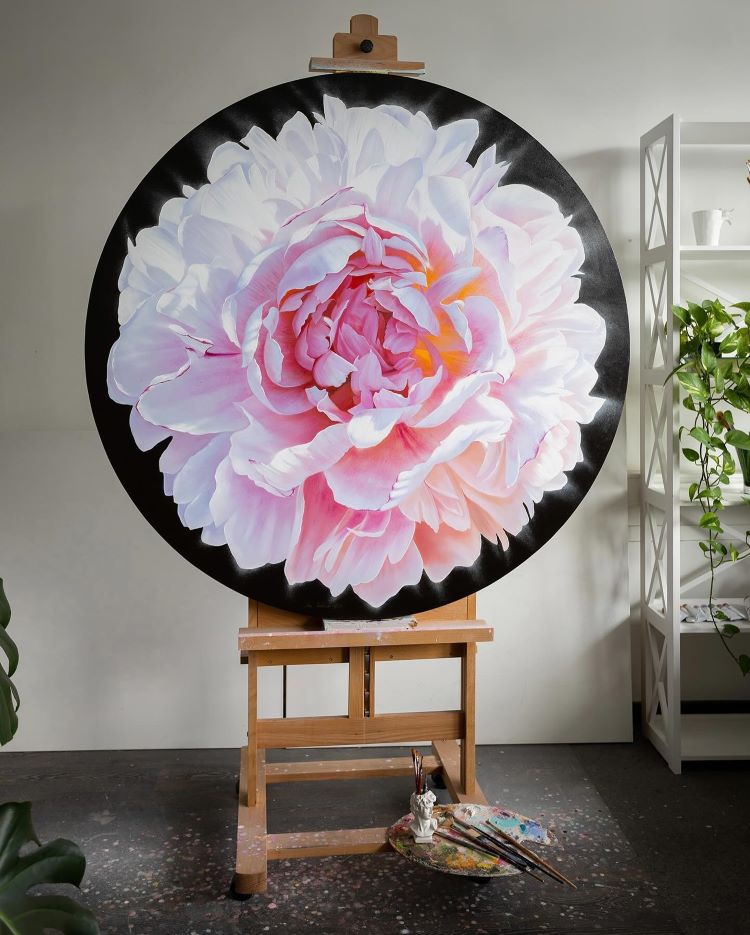 Detailed Painting Of A Pink Peony On Black Circular Canvas On Easel 