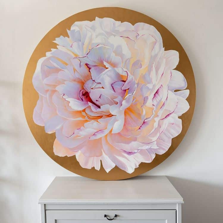 Detailed Painting Of A Pink Peony On Gold Circular Canvas On Easel 