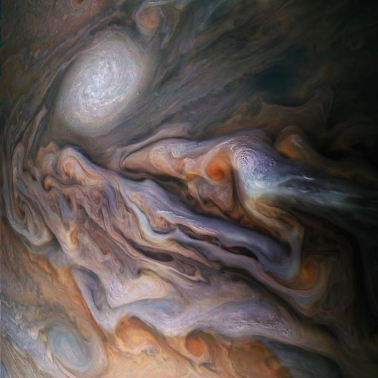 Swirling clouds in Jupiter's dynamic North North Temperate Belt