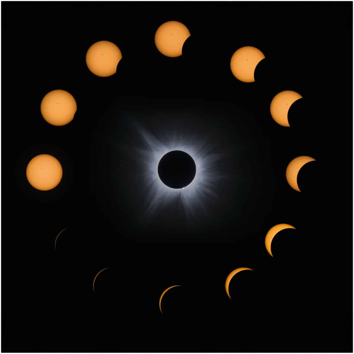 Composite photo of total solar eclipse phases
