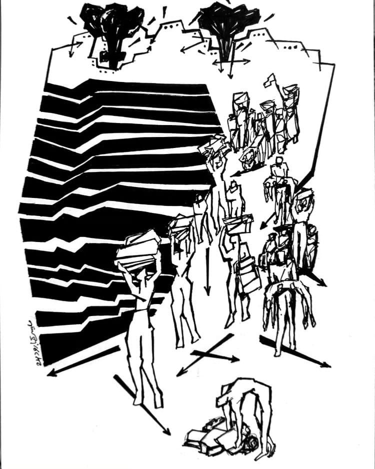 Drawing of Palestinians forced to flee their homes by Maisara Baroud