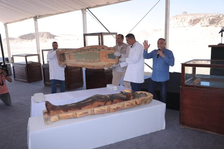 Egyptian coffin with painting that looks like Marge Simpson