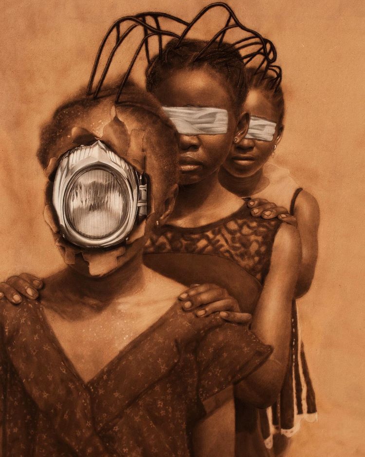 Pyrographic Art Drawing Of Three Woman With Objects Blocking Their Faces
