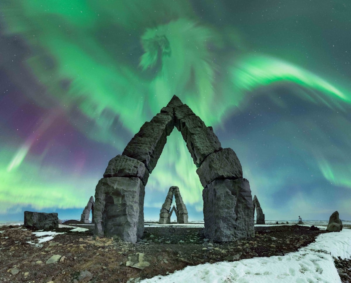 Aurora that looks like a dragon over the Arctic Henge