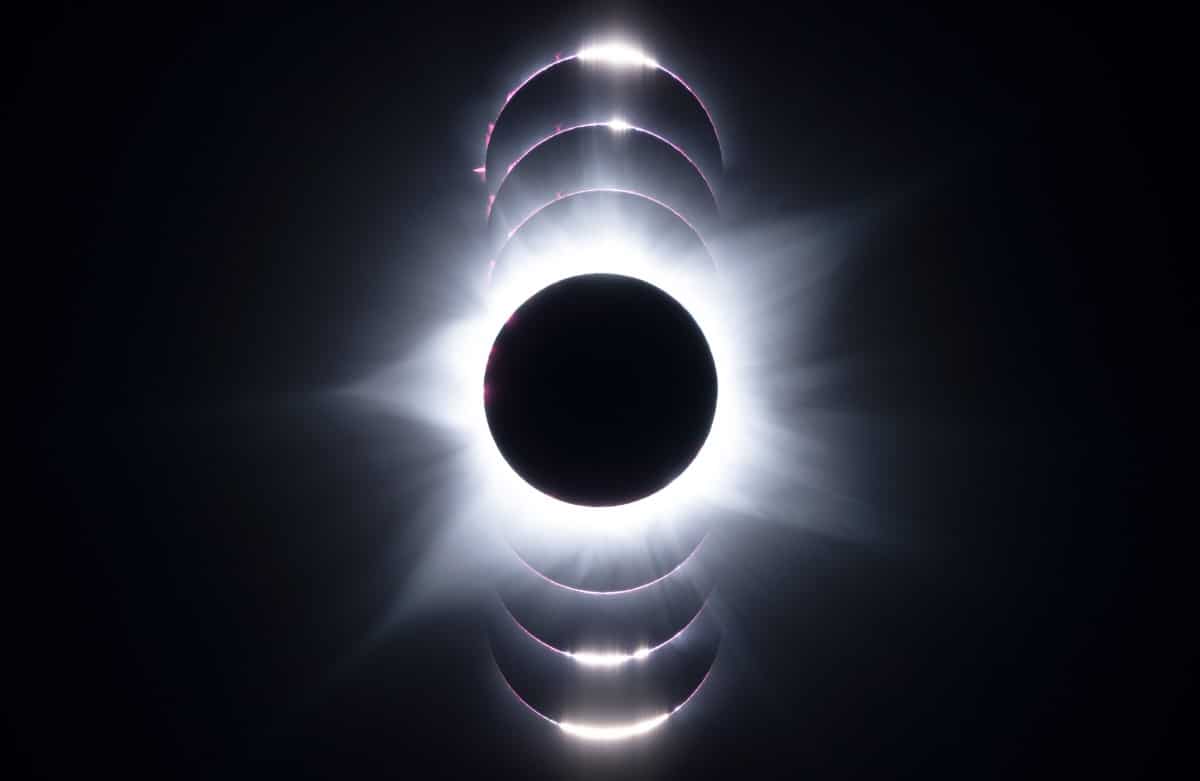 Collage of total eclipse showing the corona and the pink chromosphere