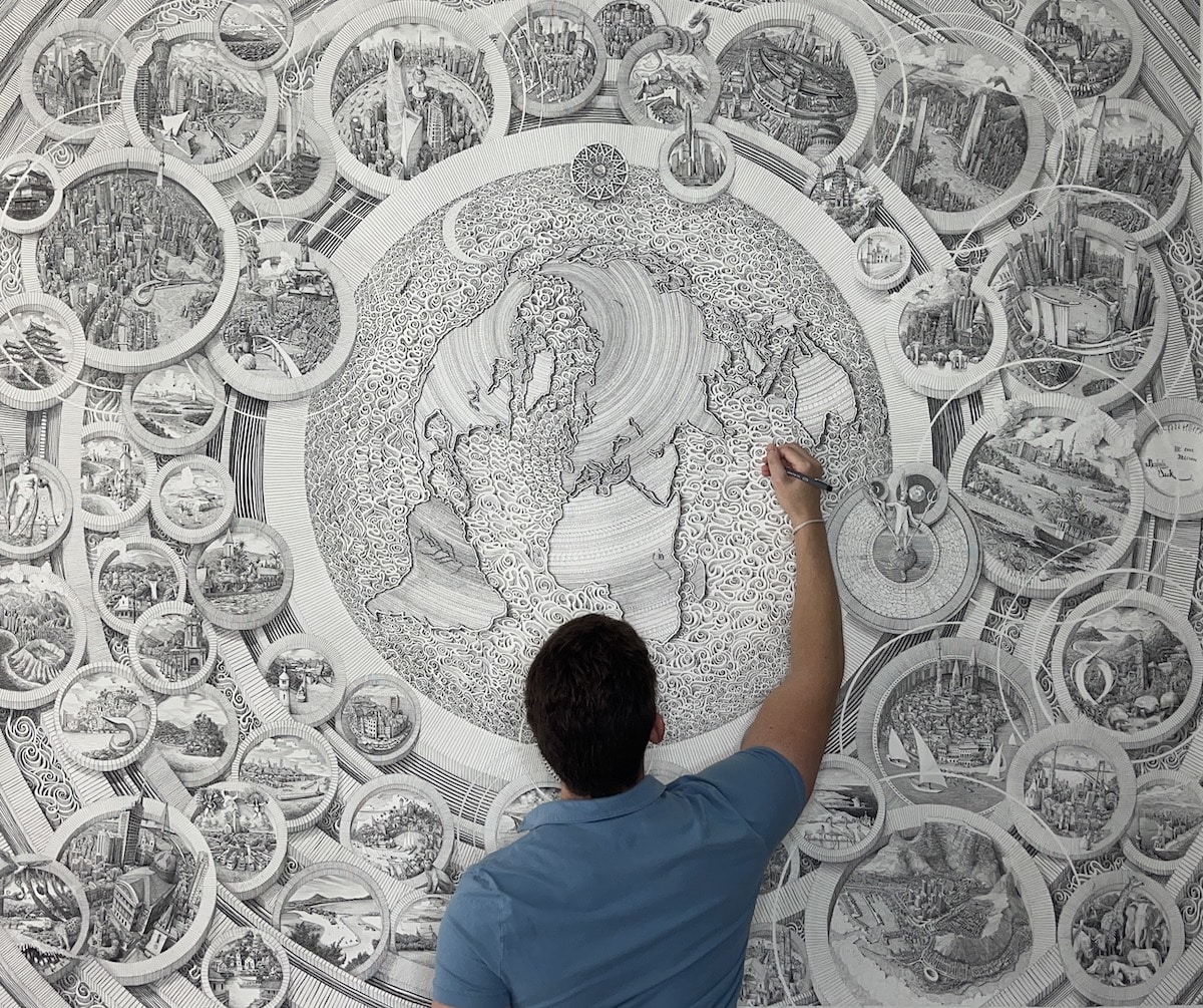 Benjamin Sack while creating monumental pen drawing