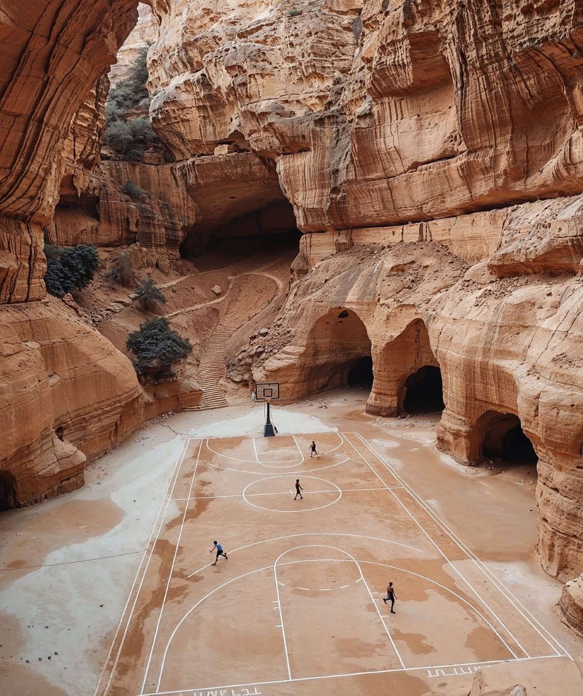 Hyperrealistic AI Generated Image Featuring A Basketball Court Carved Into A Stone Canyon