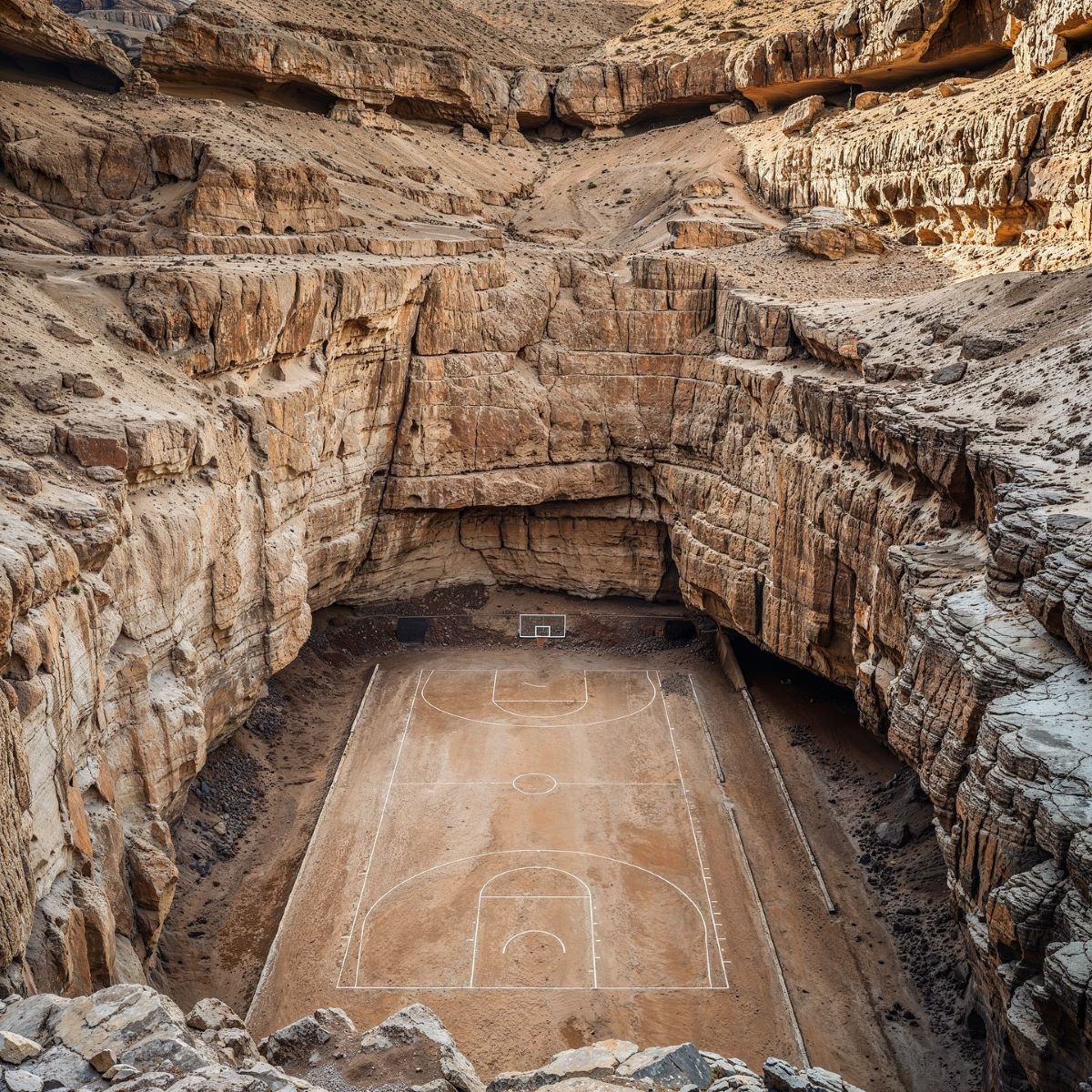 Hyperrealistic AI Generated Image Featuring A Basketball Court Carved Into A Stone Canyon