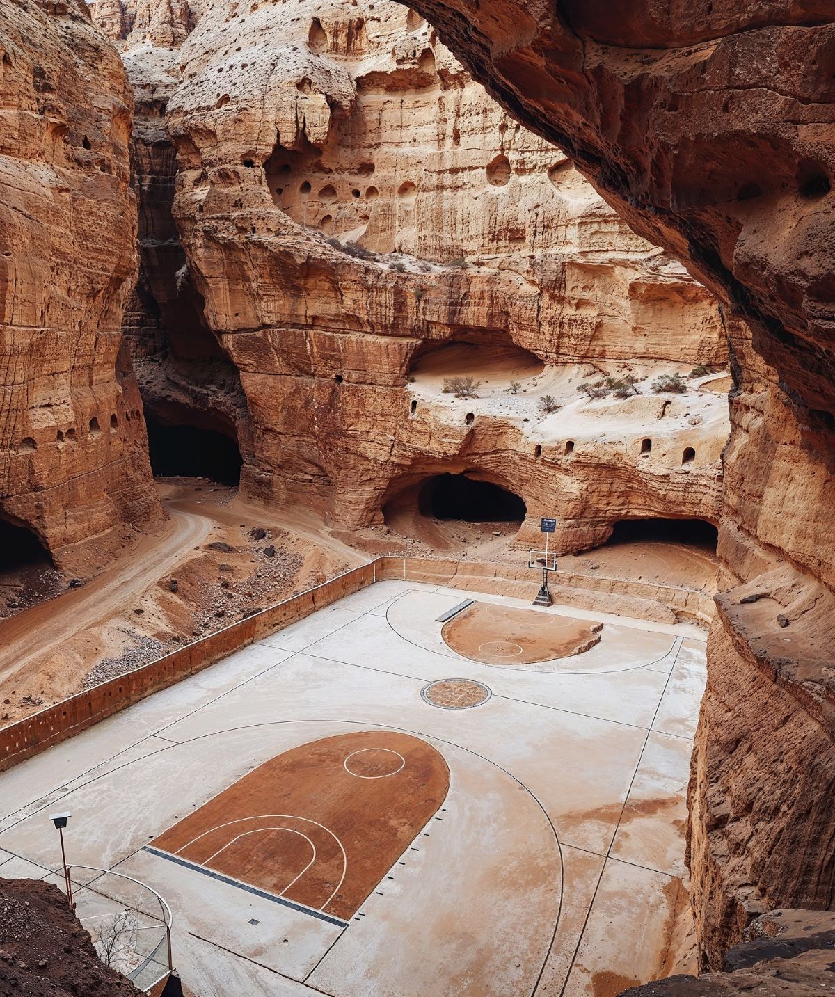 Hyperrealistic AI Generated Image Featuring A Basketball Court Carved Into A Stone Canyon