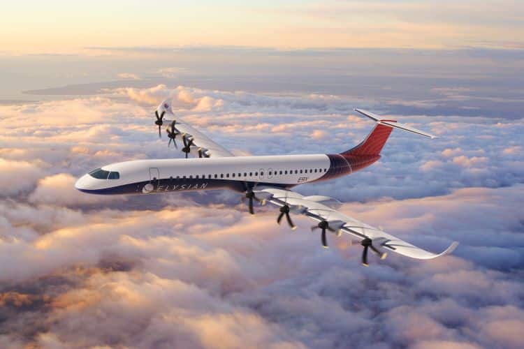 Render Of Elysian E9X Electric Airplane Flying Over Clouds