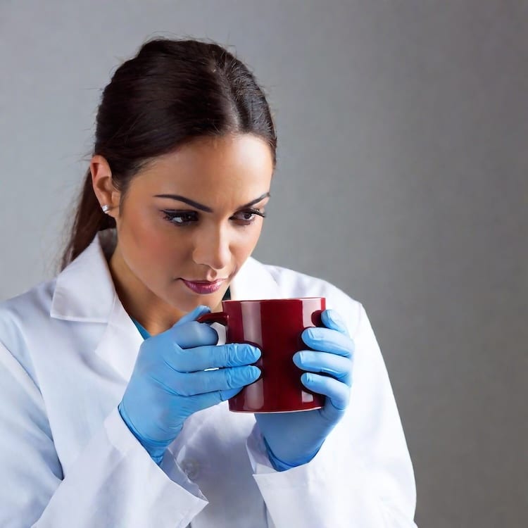 Scientist with blue latex gloves on holding and looking at a coffee mug