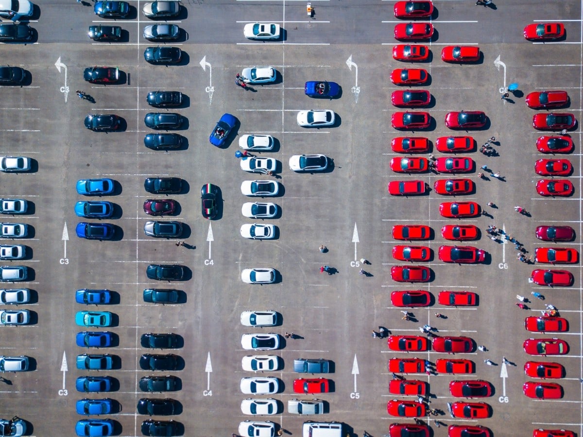 Aerial view of Alfa Romeo cars in parking lot