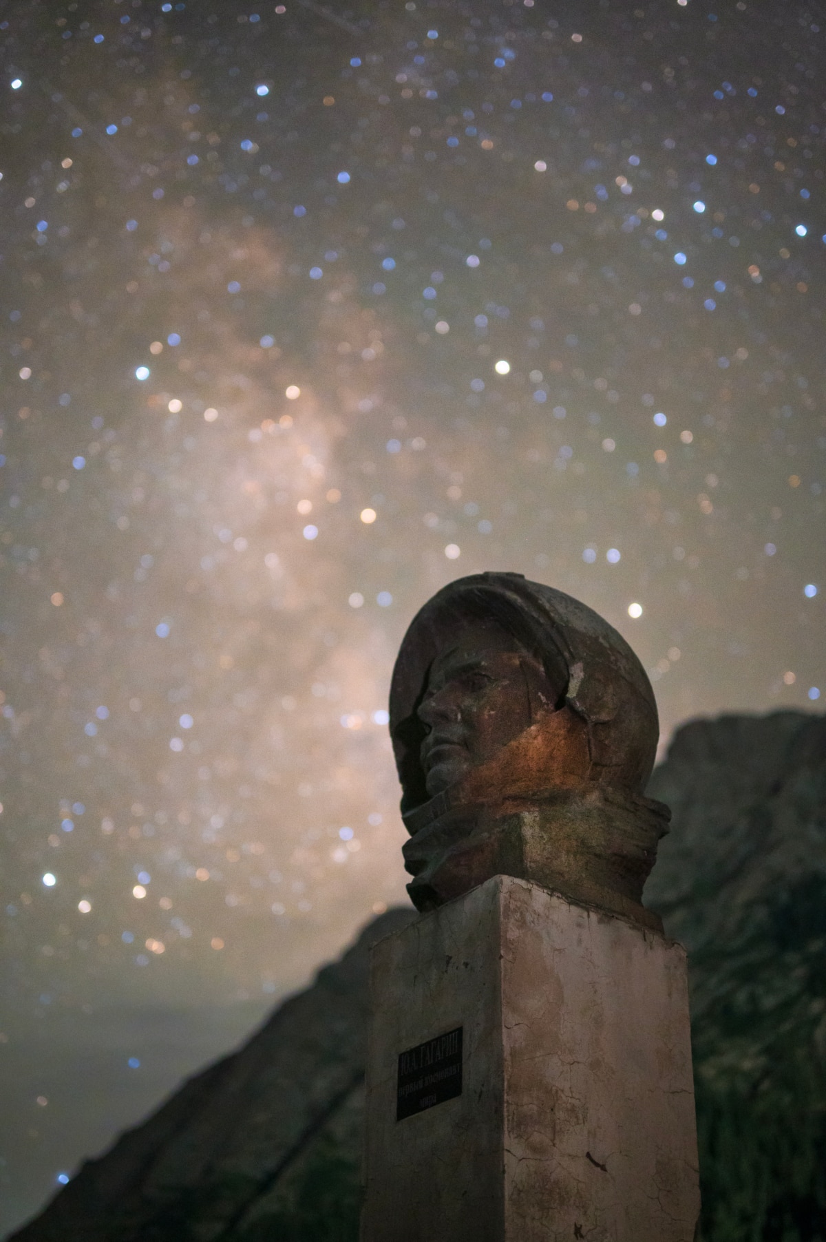 Gagarin Statue Close up with stars in the background in Kyrgyzstan