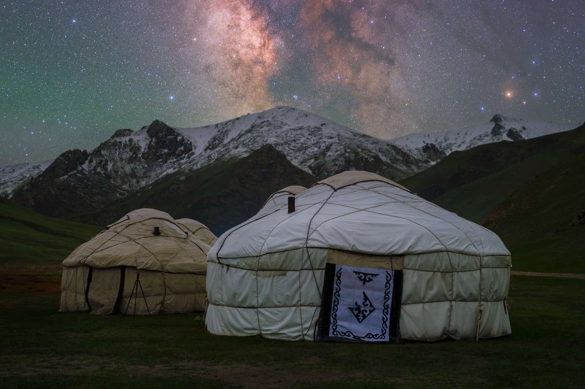 yurts under night sky in kyrgyzstan