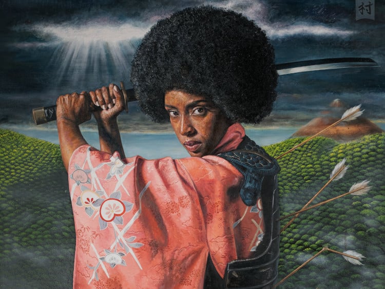 Painting of a black woman with an afro wearing a Kimono and holding a katana