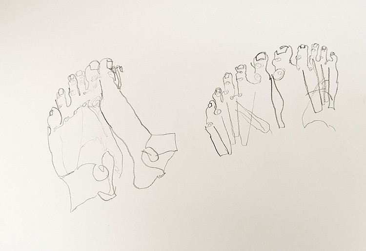 A blind contour drawing of the artist's feet, which serves as a good example of a warm up exercise