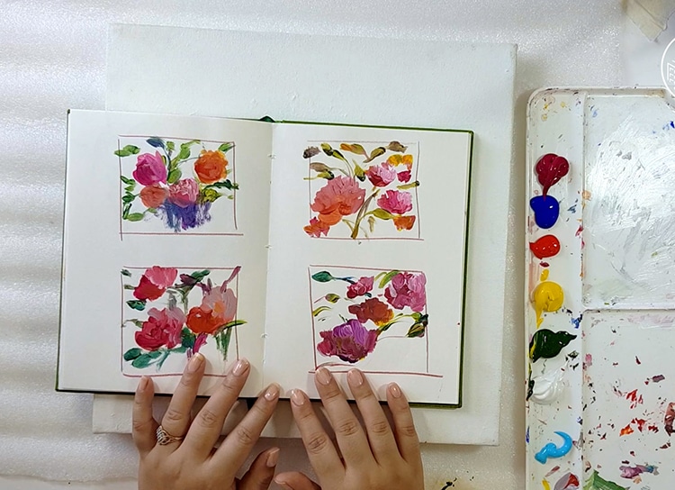 Thumbnail paintings from Nitika Ale's warm-up for flower paintings
