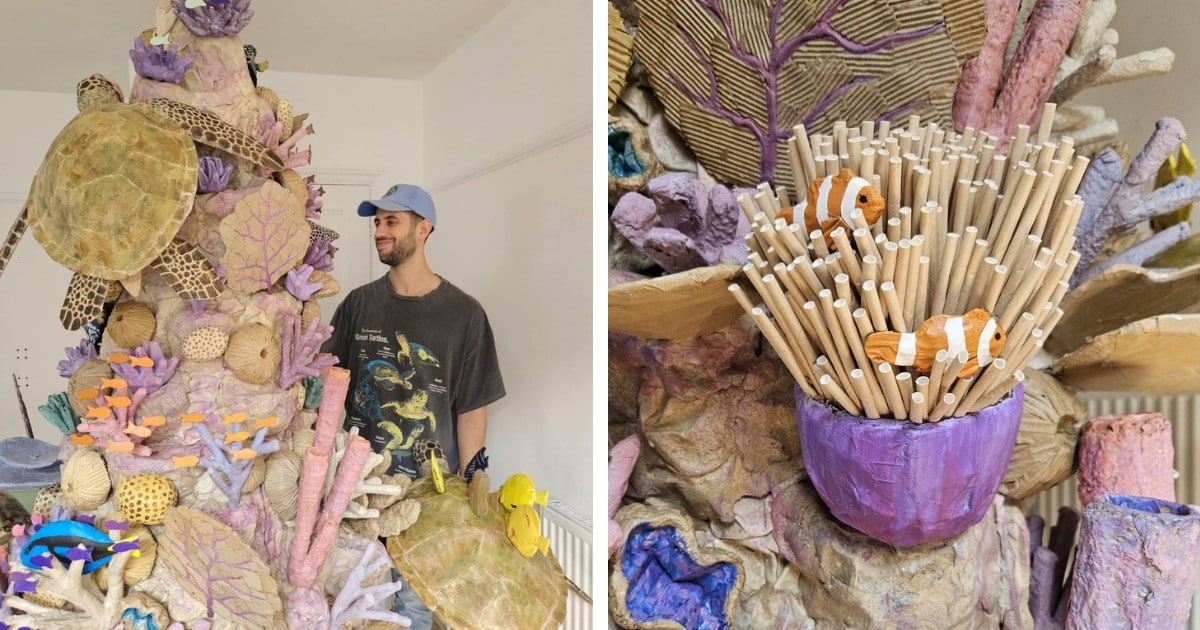 Artist creates 2.44 meter long coral reef made entirely of cardboard