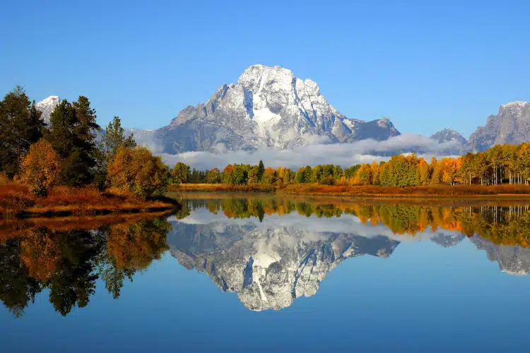 Reflection of a mountain range in a lake in Grand Teton National Park