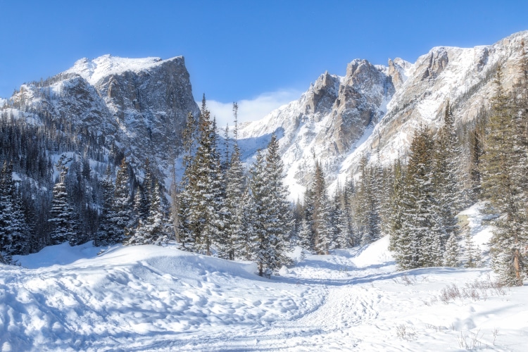 Cold winter day along the Dream Lake Trail in Rocky Mountain National Park in Estes Park, Colorado