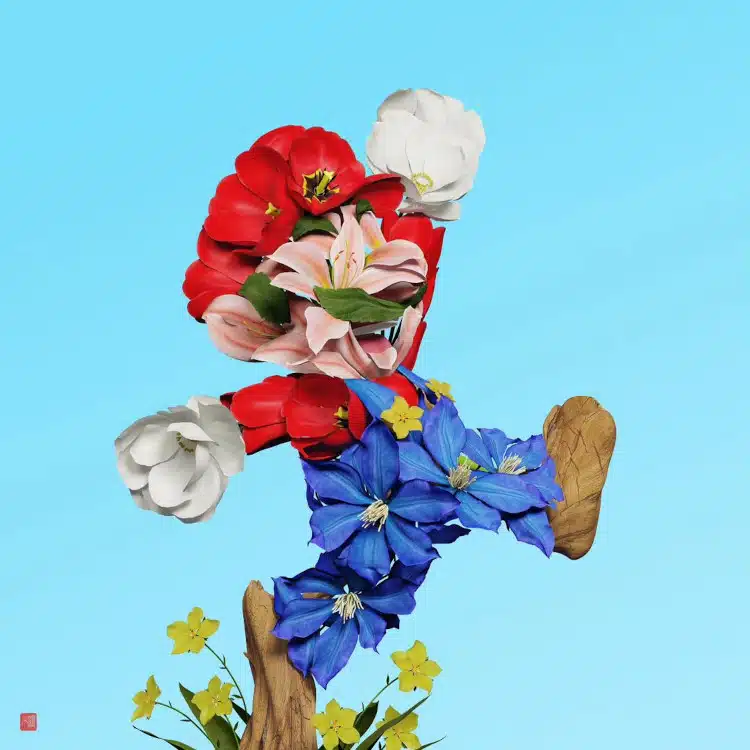 Super Mario characters made out of flowers by Raku Inoue