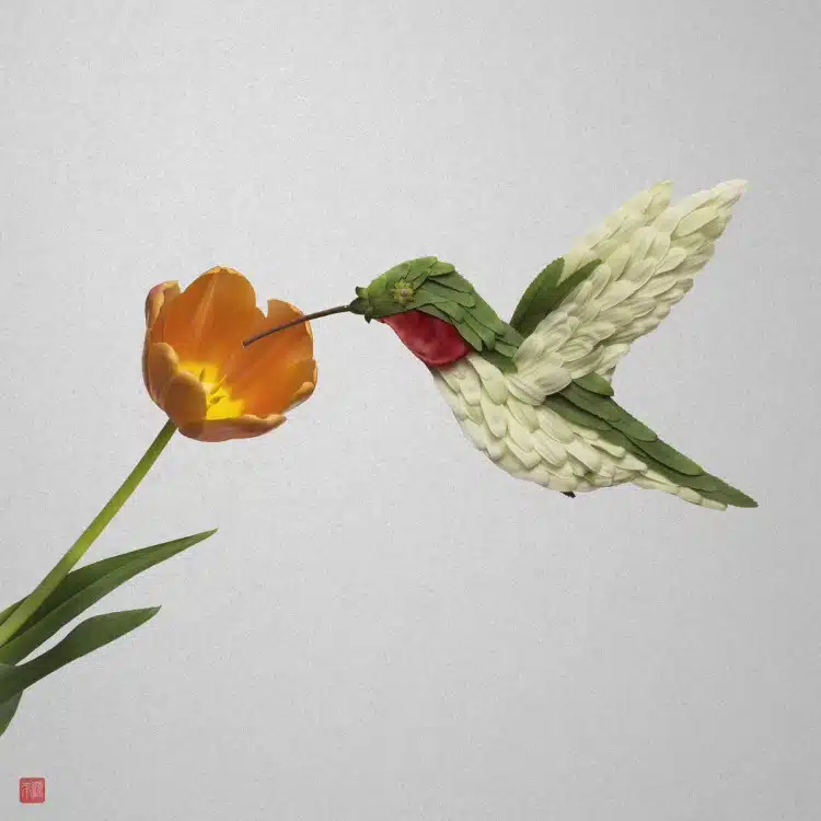 Hummingbird made out of flowers by Raku Inoue