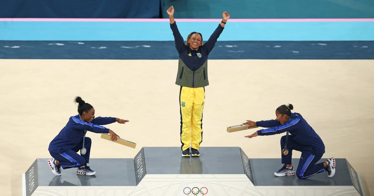 Simone Biles and Jordan Chiles Bow Down to Rebeca Andrade at Olympic Gymnastics’ First All-Black Podium