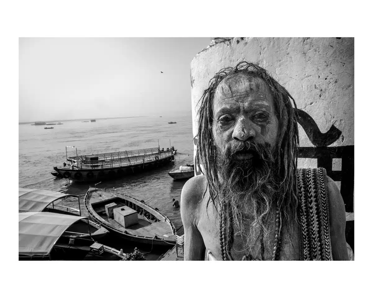 Black and white portrait of a man in Varanasi, India