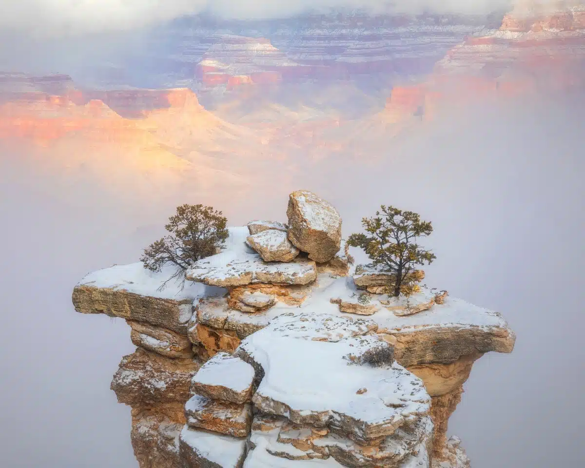 Snow-covered rocky outcrop at the Grand Canyon