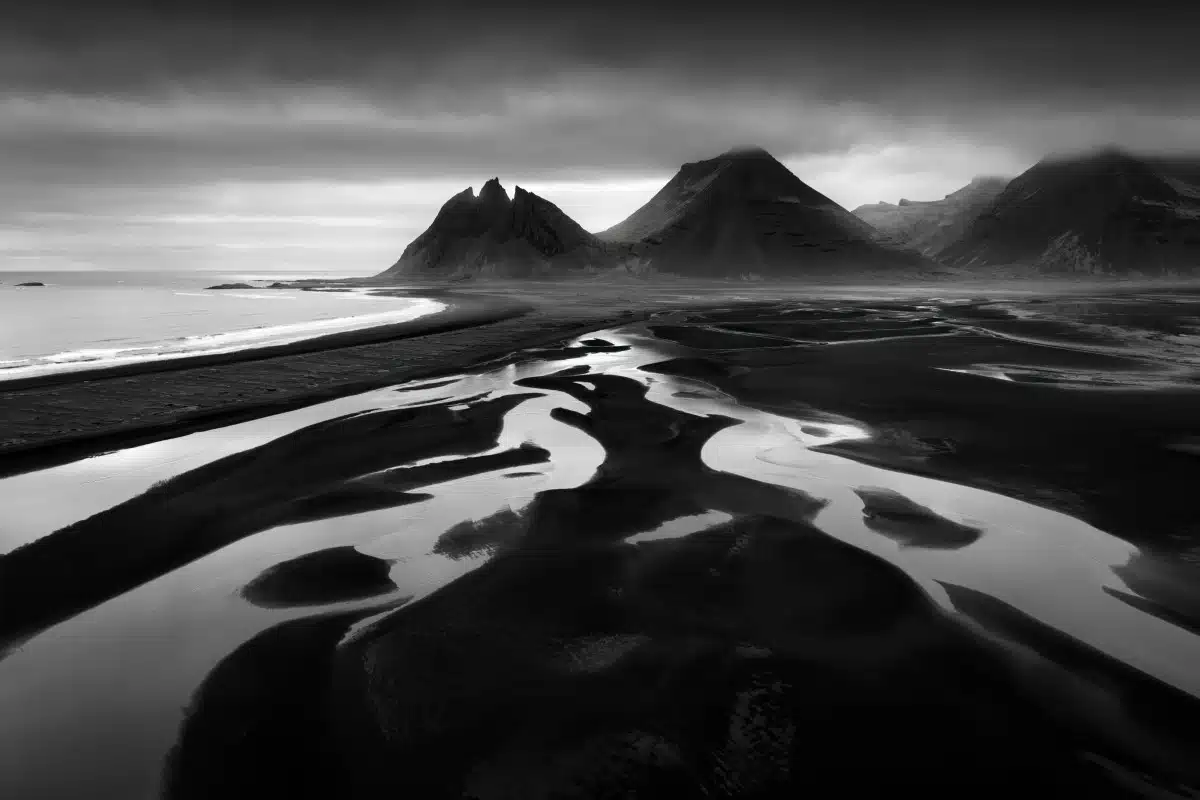 Black and white photo of the Vestrahorn