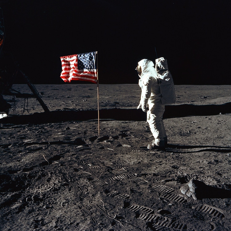 Buzz Aldrin with U.S. flag on moon