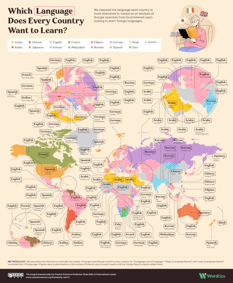 Map of showing the languages each country wants to learn