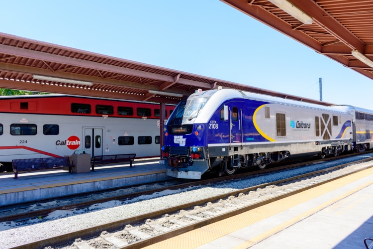 Amtrak California Siemens SC-44 and Caltrain trains at San Jose Diridon transit hub and train station - San Jose, California, USA - 2021