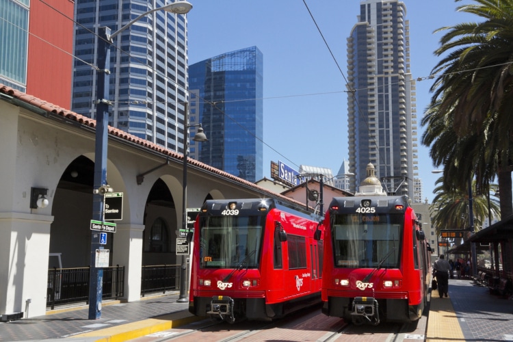 Trolleys in Santa Fe Depot in San Diego