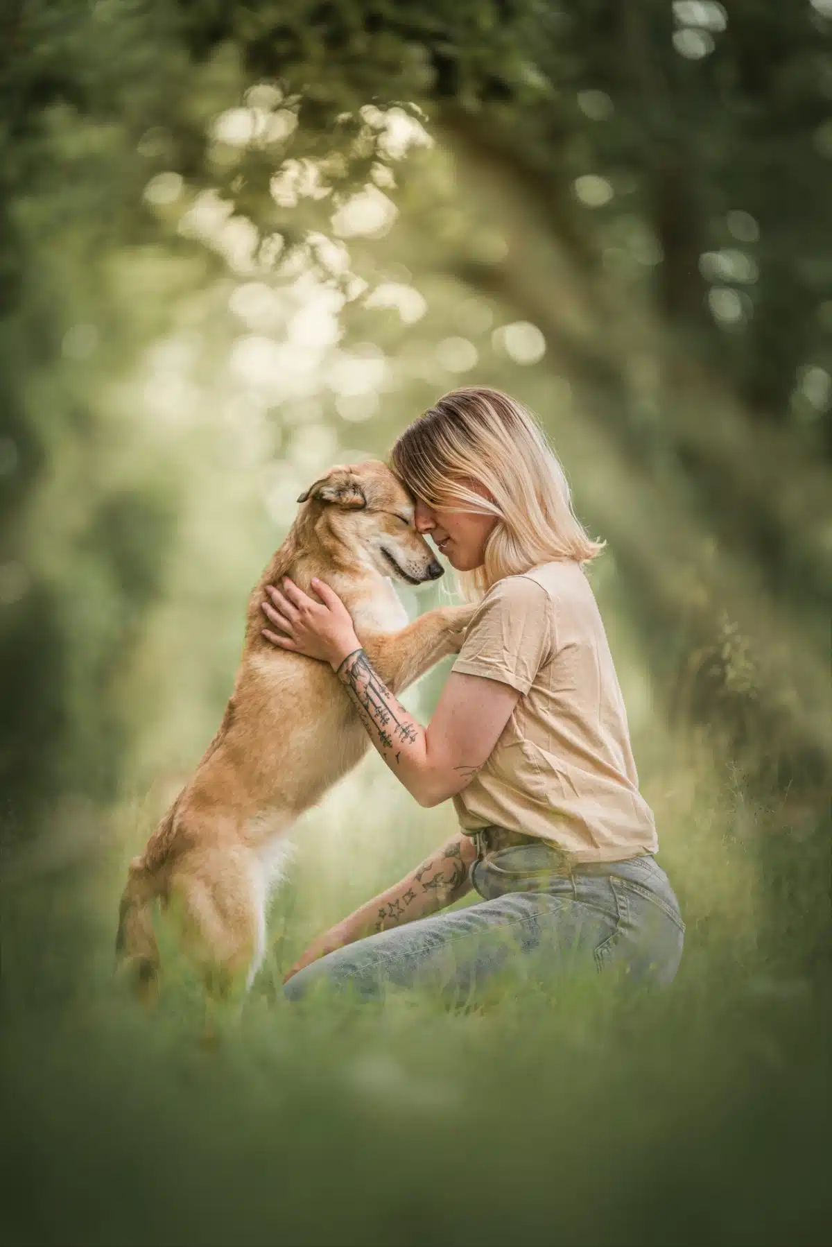 Blond woman nuzzling her dog in the woods