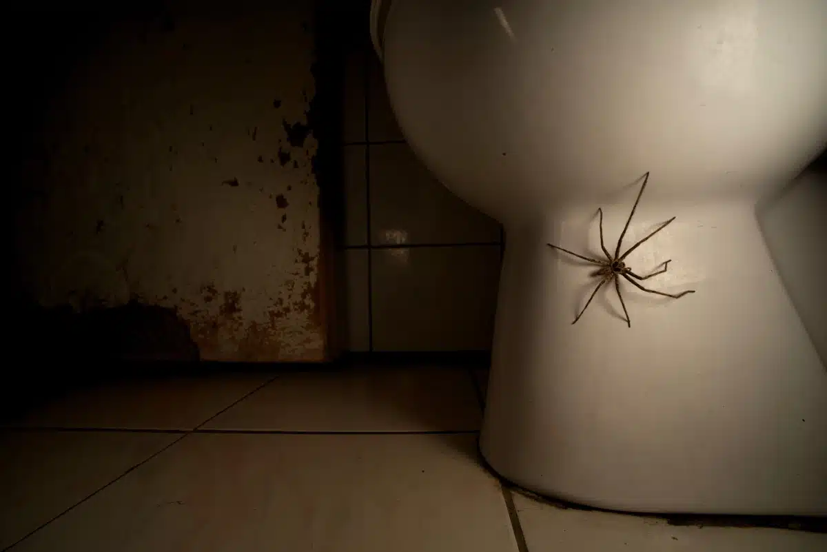 Large spider on the side of a toilet