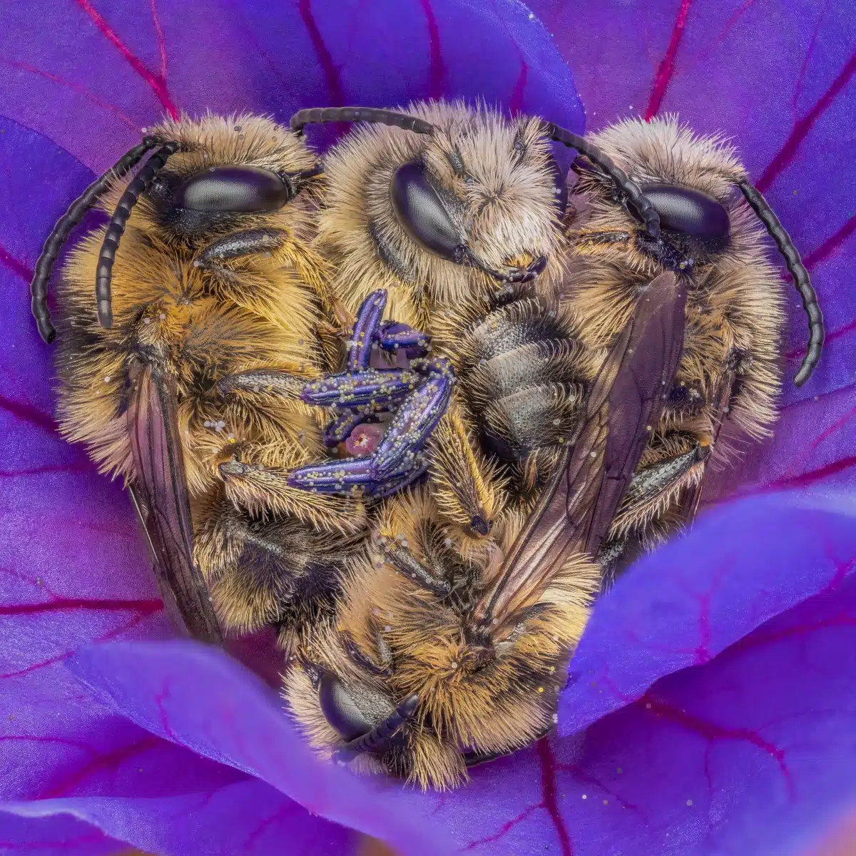 Bees piled up in a cluster on a purple flower