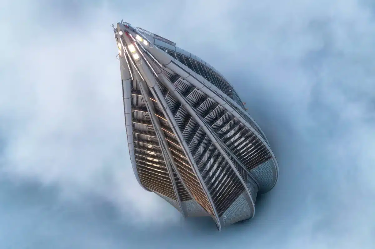 Europe's tallest skyscraper as seen from the highest vantage point achievable with the drone