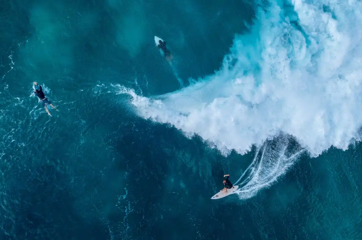 Bustling surf day at Pipeline on the North Shore of Oahu