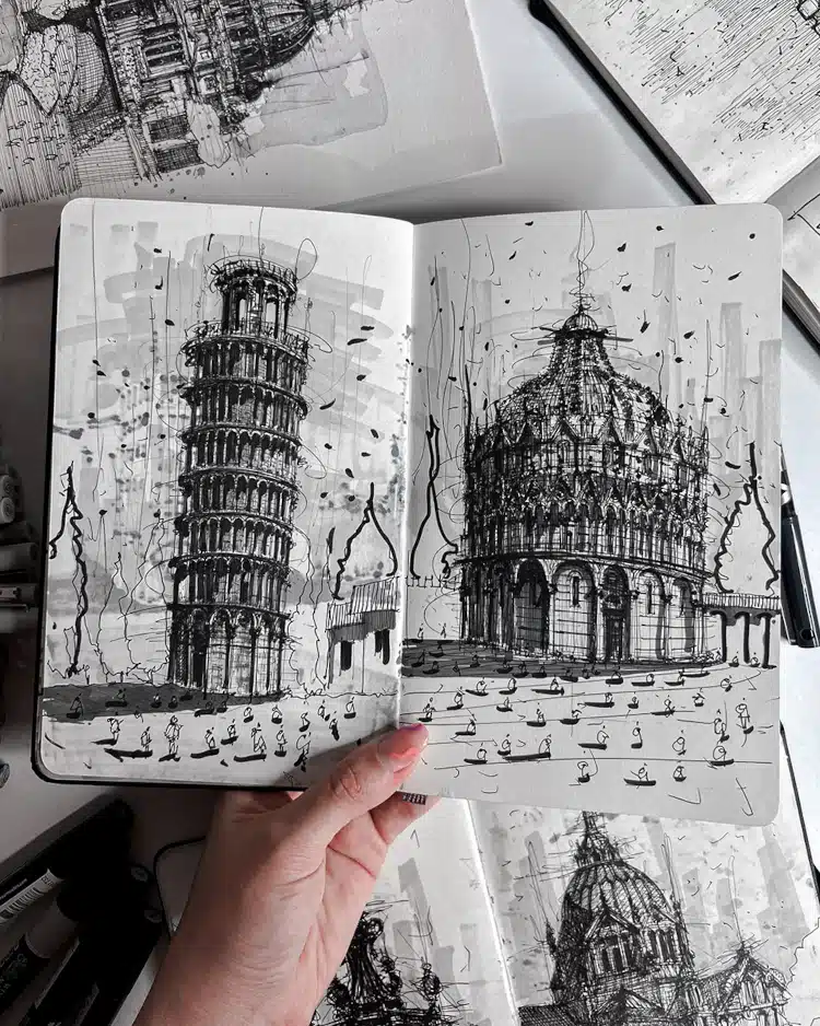 Architectural illustrations in black ink