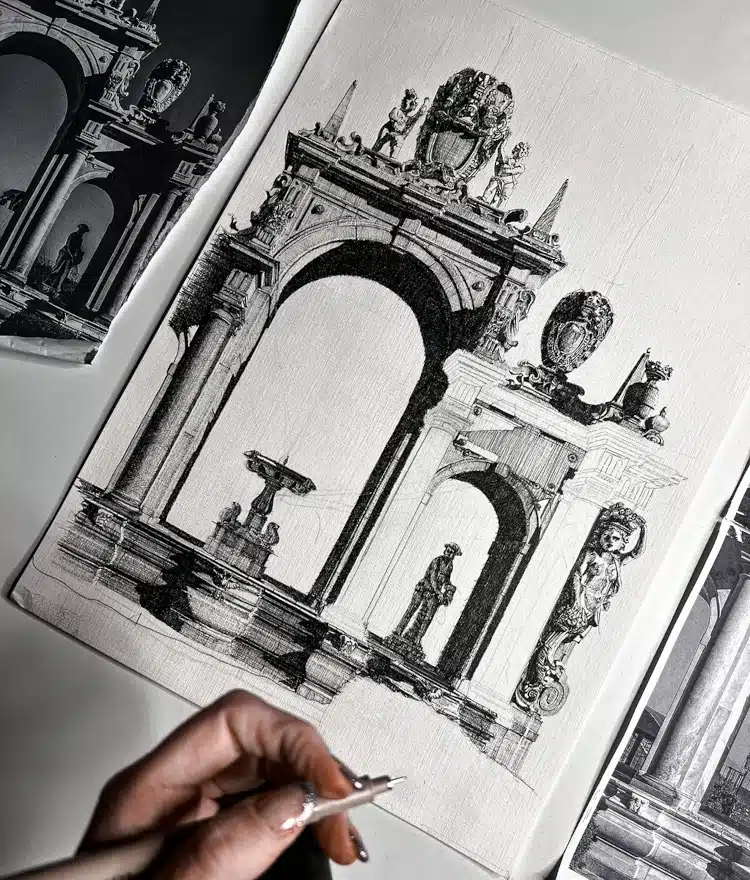 Architectural illustrations in black ink