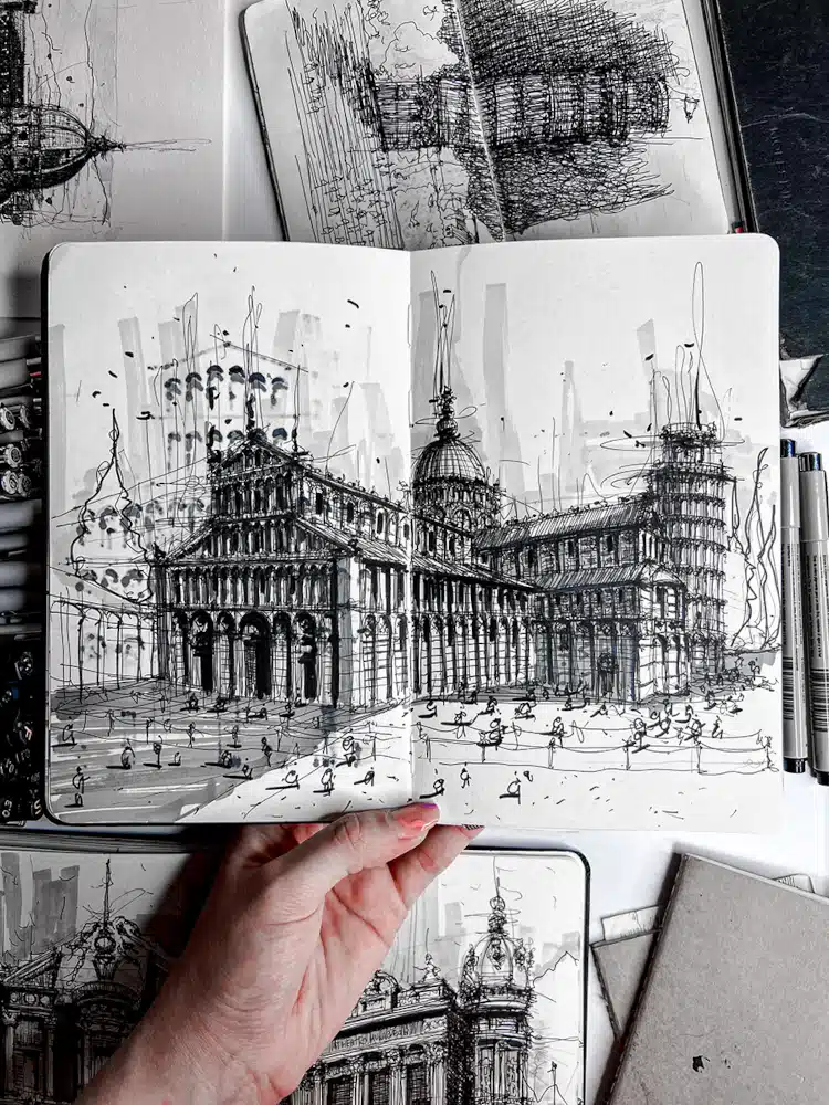 Architectural illustrations in black ink