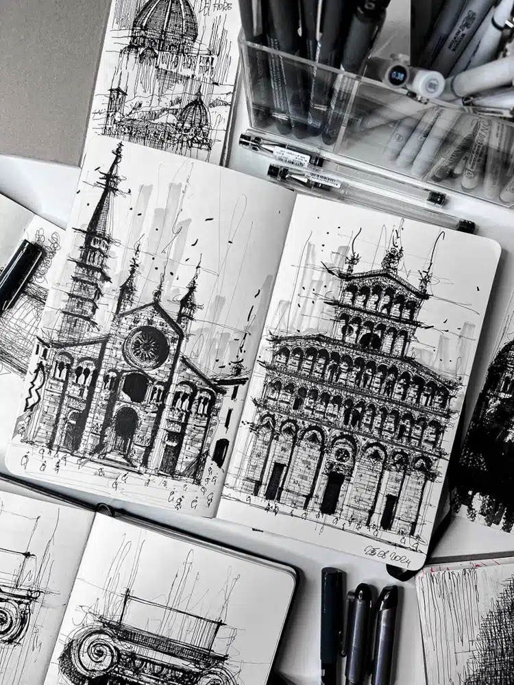 Architectural illustrations in black ink